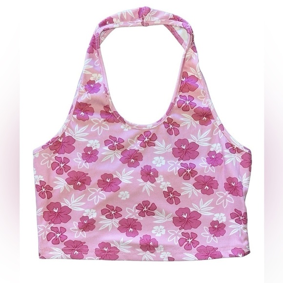 SET of 2 Floral Print Rib Knit Halter Crop Top Blue Pink Hibiscus Hawaii Summer - Picture 5 of 13